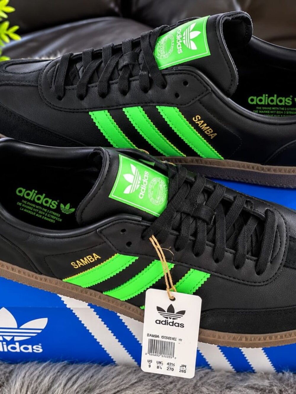 adidas Samba OG Sneakers Black/Screaming Green Gum Low Top SIZE Y6 -7.5W JR0911